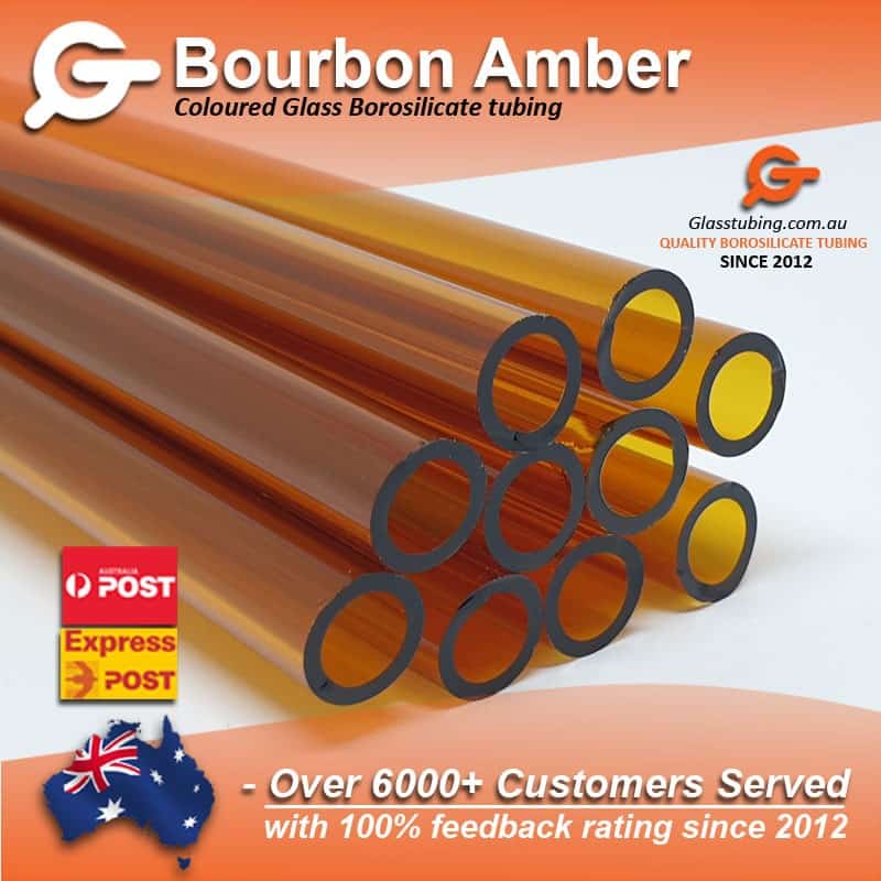 Bourbon Amber borosilicate glass tubes array, showcasing diverse sizes for glass pipes and tubing needs, available at Glasstubing.com.au.