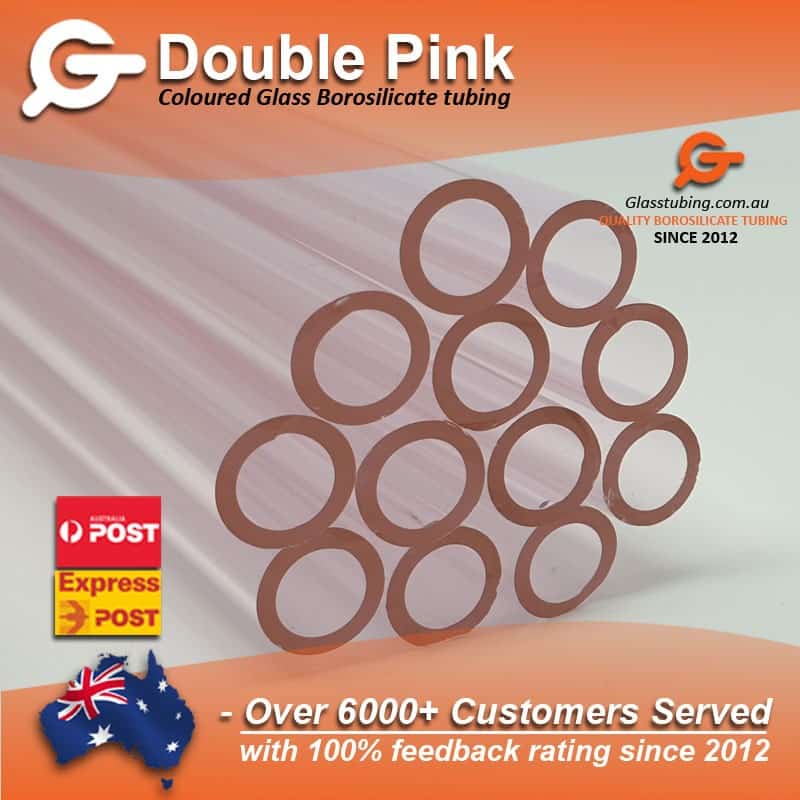 Double Pink coloured borosilicate glass tubing array, highlighting the subtle hues perfect for glass pipes and tubing, by Glasstubing.com.au.