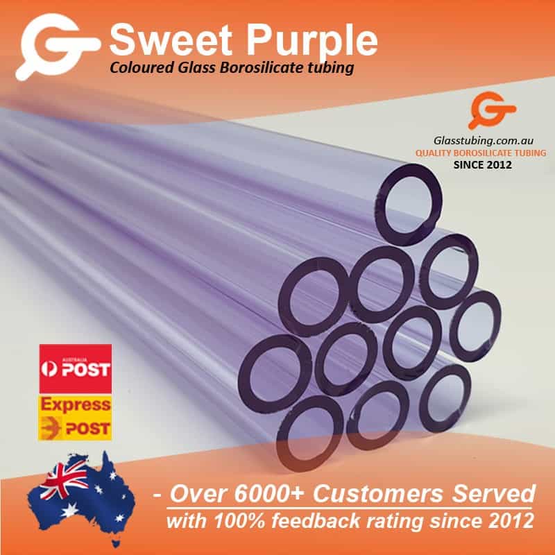 Sweet Purple coloured borosilicate glass tubing bundle, reflecting quality and versatility for glass pipe artisans, offered by Glasstubing.com.au.