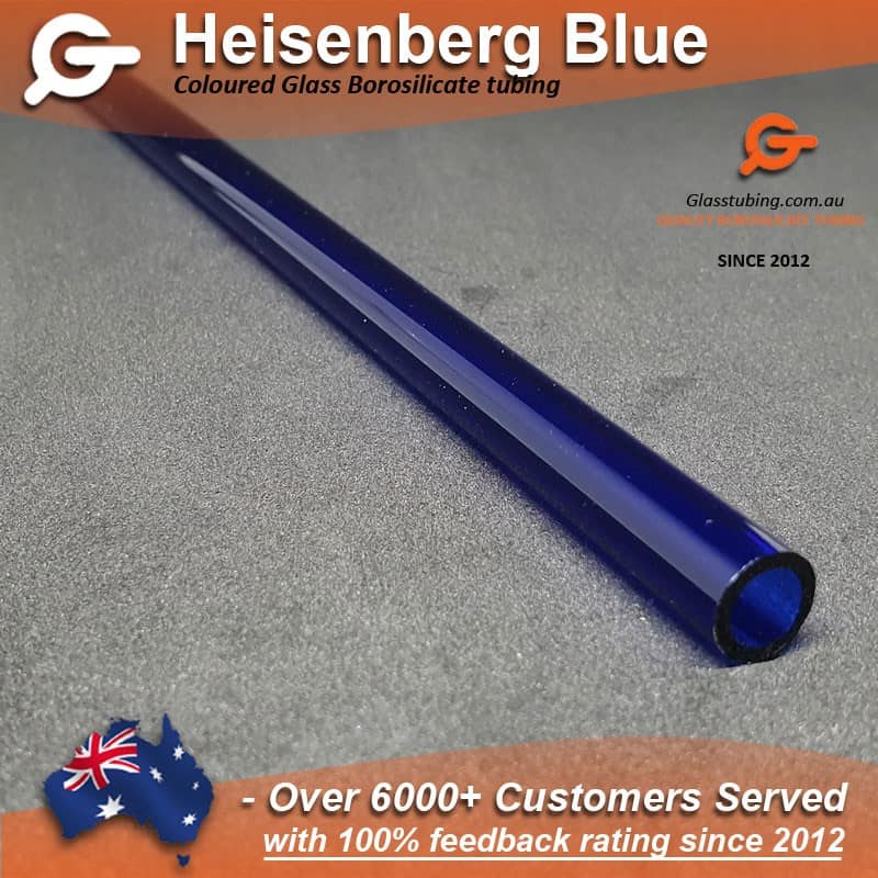 Close-up of a Heisenberg Blue borosilicate glass tube, perfect for crafting high-quality glass pipes and tubing, featured by Glasstubing.com.au.