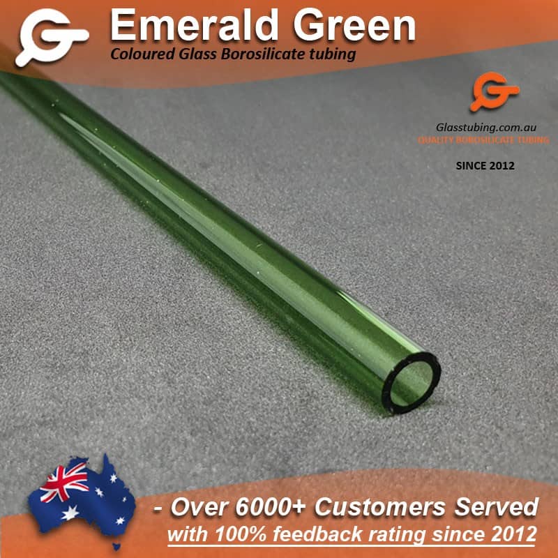 Close-up view of an Emerald Green borosilicate glass tube, perfect for detailed glass tubing and pipe work, from Glasstubing.com.au.