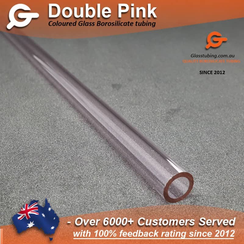 Close-up of Double Pink coloured borosilicate glass tubing, showcasing the refined finish ideal for high-quality glass pipes, by Glasstubing.com.au.