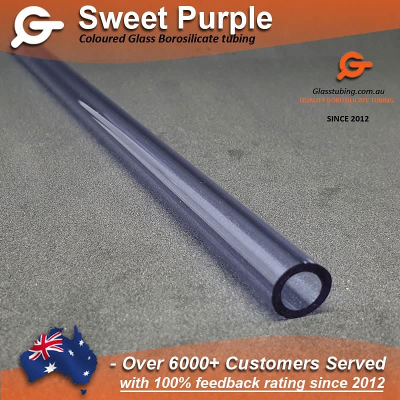 A close-up of the Sweet Purple coloured borosilicate glass tube, showcasing its clarity and quality for glass pipe making, from Glasstubing.com.au.