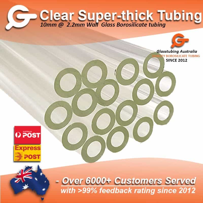 Image of Glasstubing Australia's clear, super-thick borosilicate tubing with express shipping symbols.