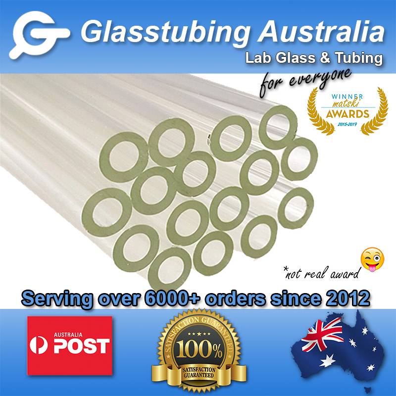 Stack of clear borosilicate 3.3 glass tubing with 12mm outer diameter and 2.2mm thickness, ready for express delivery in Australia.