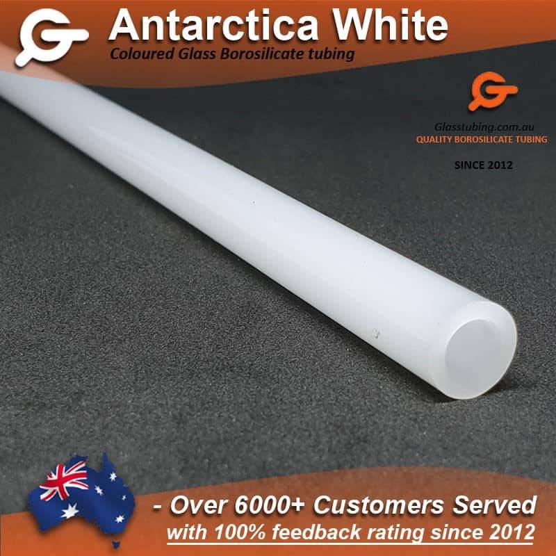 Antartica White borosilicate glass tube close-up, showcasing the sleek and clean design for specialized glass pipes, from Glasstubing.com.au.